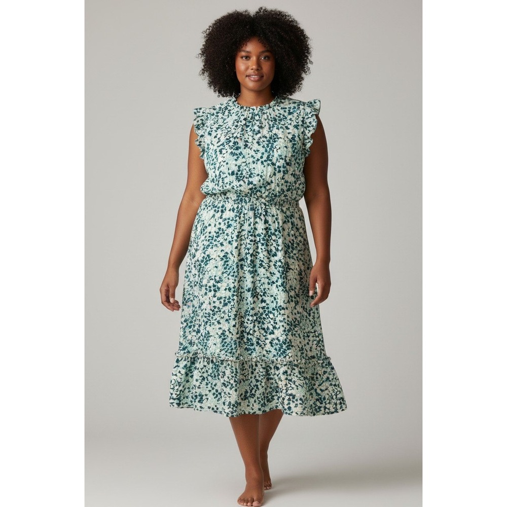 Loft Plus Midi Dress Womens 16 Teal Floral Smocked Tiered Ruffle Boho 16